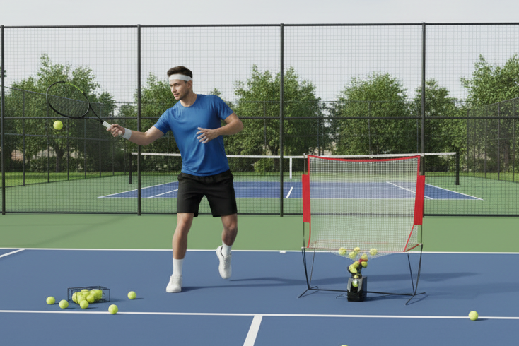 Tennis Catch Net Practice with Ball Throwing Machine, Self Serve Machine for Training Equipment