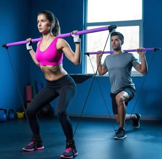 Pilates Stick - Adjustable Fitness Bar for Home Workout, Yoga, Stretching & Toning - Portable Exercise Rod with Elastic Bands